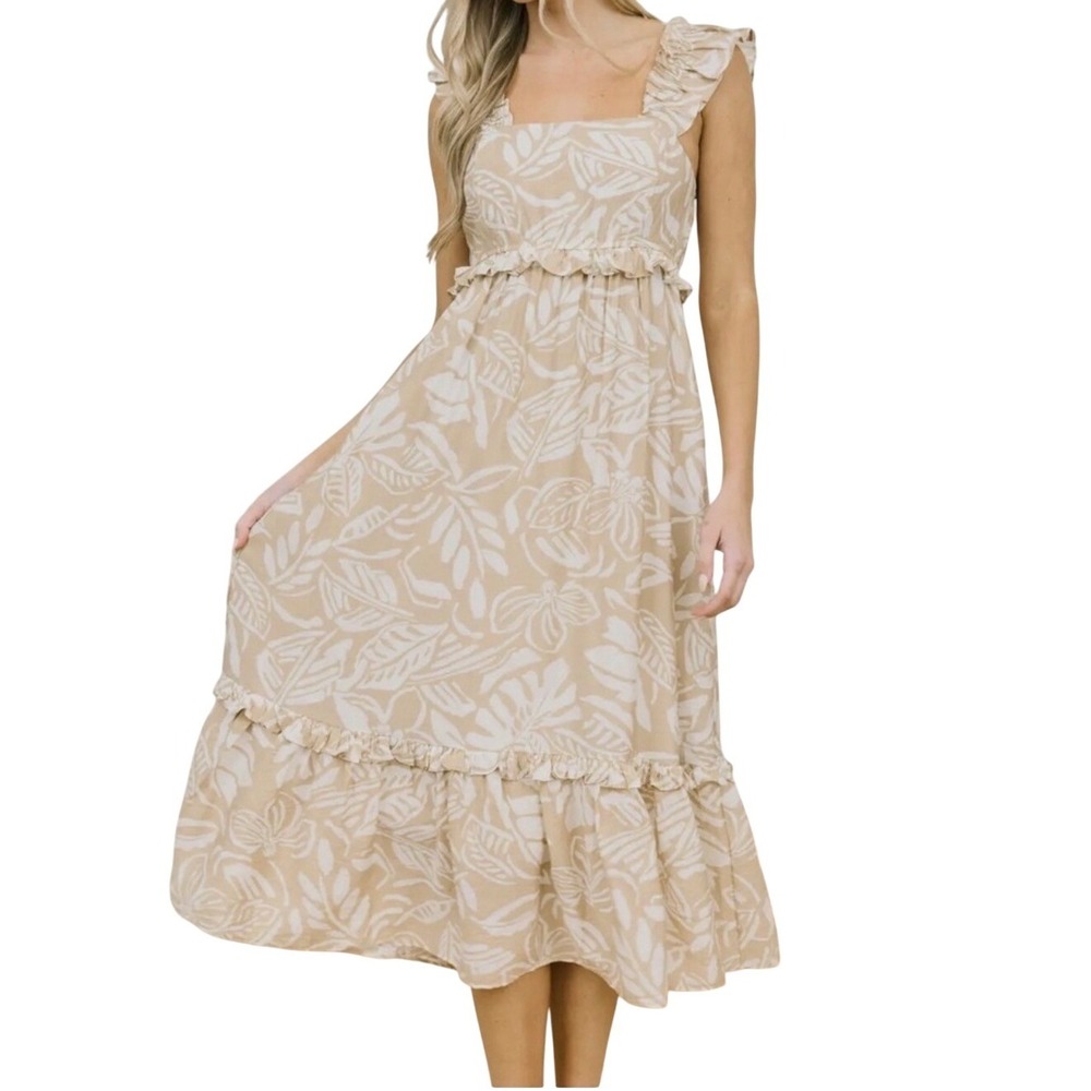 Blu Pepper Midi Dress Large Tan Floral Ruffle Sleeveless Cottagecore Boho Summer